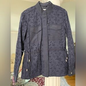 Gap women’s floral Eyelet Utility Jacket. Dark Navy size S drawstring on side